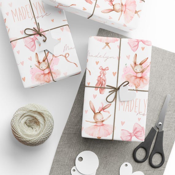 Personalized Ballerina Bunny Wrapping Paper for Girls Birthday Pink Ballet Gift Wrap with Name Custom Dance Party Present Paper
