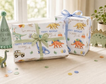 Personalized Kids Birthday Wrapping Paper, Dinosaur Party Gift Wrap, Custom Name Dino Gift Wrap for Boys and Girls, 1st Birthday Wrap
