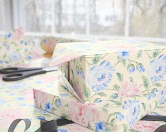 Pastel Floral Wrapping Paper for Spring Gifts Baby Showers or Birthdays Vintage Watercolor Flower Gift Wrap Pink Blue Yellow