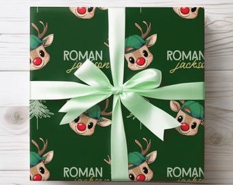Personalized Reindeer Wrapping Paper with Name Custom Christmas Gift Wrap for Kids Girls Boys Cute Green and Pink Holiday Present