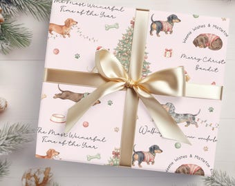 Personalized Dachshund Christmas Wrapping Paper, Custom Name Dog Gift Wrap, Weiner Dog Xmas Wrap, Sausage Dog Wrapping Paper