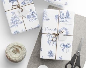 Personalized Blue Toile Christmas Wrapping Paper, Name Gift Wrap for Girls, Equestrian Chinoiserie Holiday Paper, Blue and White Gift Wrap