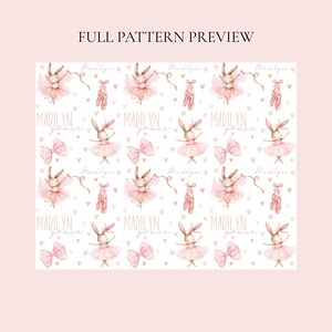May include: A repeating pattern on a white background featuring watercolor illustrations of bunnies in pink tutus, ballet slippers, and bows. The text "Madilyn grace" is printed in a light script font throughout the design, interspersed with small pink hearts.