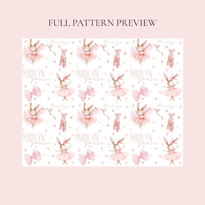 May include: A repeating pattern on a white background featuring watercolor illustrations of bunnies in pink tutus, ballet slippers, and bows. The text "Madilyn grace" is printed in a light script font throughout the design, interspersed with small pink hearts.
