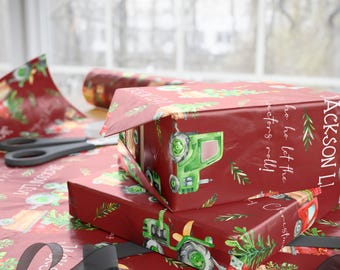 Personalized Tractor Christmas Wrapping Paper for Boys Red Farm Holiday Gift Wrap Custom Name Rustic Kid Gift Packaging Country Themed
