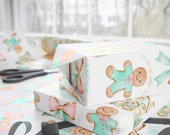 Christmas Wrapping Paper Personalized for Girls Gingerbread House Gift Wrap Custom Name Cute Holiday Present Pastel Cookie Design