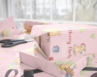 Personalized Storybook Bear Pink Christmas Wrapping Paper, Woodland Friends Gift Wrap