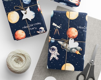 Personalized Space Wrapping Paper for Kids Birthday, Custom Astronaut Rocket Galaxy Gift Wrap, Name Printed Solar System Paper Roll