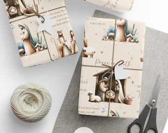Personalized Nativity Wrapping Paper Custom Family Name Christian Christmas Gift Wrap Neutral Holy Family Scene