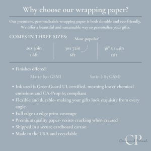 May include: Informative graphic with text about wrapping paper. The text highlights the paper's features, including its eco-friendliness, durability, and availability in three sizes: 20x30 inches, 30x72 inches, and 30x144 inches. It also mentions matte and satin finishes.