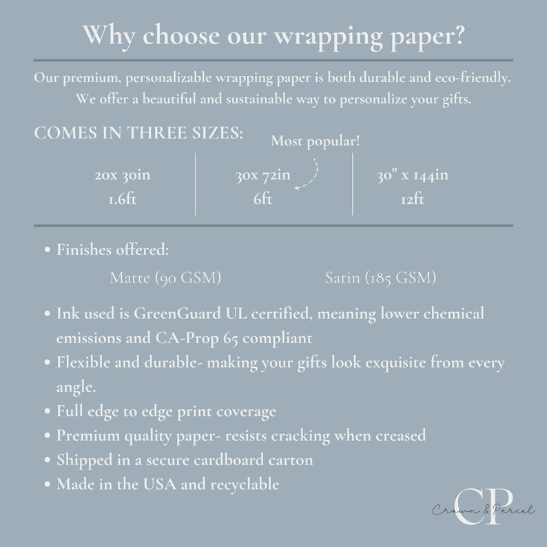 May include: Informative graphic with text about wrapping paper. The text highlights the paper's features, including its eco-friendliness, durability, and availability in three sizes: 20x30 inches, 30x72 inches, and 30x144 inches. It also mentions matte and satin finishes.
