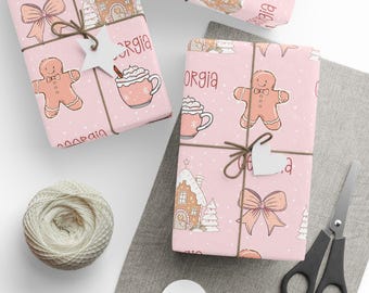 Personalized Pink Gingerbread Wrapping Paper for Kids, Custom Christmas Name Gift Wrap, Cute Holiday Paper for Girls, Cocoa & Bows Design