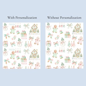 May include: Two Christmas-themed patterns. One includes the name "MADISON" and the other does not. Both patterns feature watercolor illustrations of snowmen, gingerbread people, bows, houses, gifts, bells, and Christmas trees. The text "MERRY CHRISTMAS" is also present.