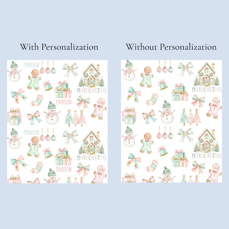 May include: Two Christmas-themed patterns. One includes the name "MADISON" and the other does not. Both patterns feature watercolor illustrations of snowmen, gingerbread people, bows, houses, gifts, bells, and Christmas trees. The text "MERRY CHRISTMAS" is also present.