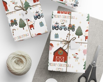 Personalized Farm Christmas Wrapping Paper Custom Name Tractor and Barn Gift Wrap for Kids Santa Farmhouse Holiday Paper
