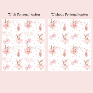 May include: A repeating pattern featuring watercolor-style illustrations of bunnies in pink tutus, ballet slippers, and bows on a white background. The left side displays the text Madilyn Grace, while the right side shows the same pattern without text.