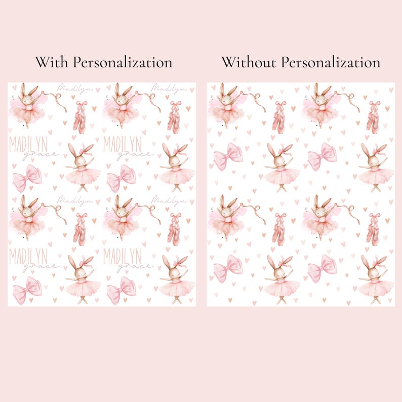 May include: A repeating pattern featuring watercolor-style illustrations of bunnies in pink tutus, ballet slippers, and bows on a white background. The left side displays the text Madilyn Grace, while the right side shows the same pattern without text.