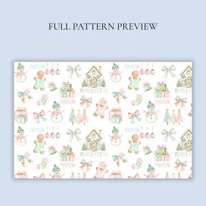 May include: A repeating pattern featuring watercolor illustrations of snowmen, gingerbread people, gift boxes, bows, houses, Christmas trees, and bells. The words "MERRY CHRISTMAS" and "MADISON" are also included in the design. The pattern is in pastel colors.