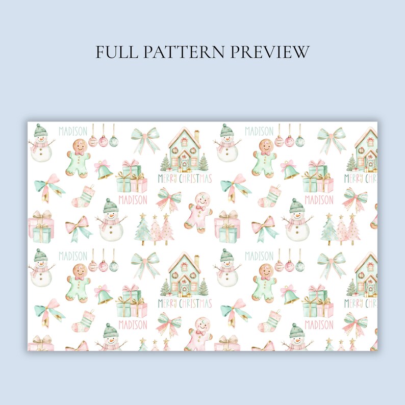May include: A repeating pattern featuring watercolor illustrations of snowmen, gingerbread people, gift boxes, bows, houses, Christmas trees, and bells. The words "MERRY CHRISTMAS" and "MADISON" are also included in the design. The pattern is in pastel colors.