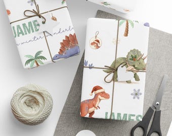 Personalized Dinosaur Christmas Wrapping Paper, Custom Name Kids Gift Wrap, Dino Xmas Wrap for Boys, Watercolor Holiday Wrapping Paper