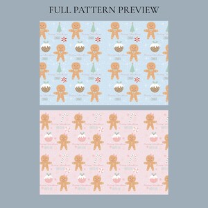 May include: Two repeating patterns with a Christmas theme. One pattern is on a light blue background and the other is on a pink background. Both patterns feature gingerbread men, Christmas trees, and Christmas pudding.