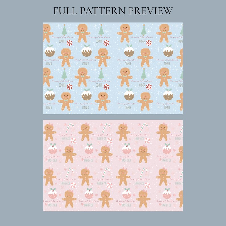 May include: Two repeating patterns with a Christmas theme. One pattern is on a light blue background and the other is on a pink background. Both patterns feature gingerbread men, Christmas trees, and Christmas pudding.