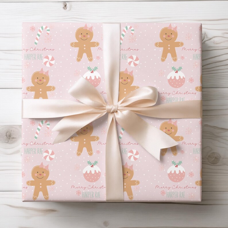 Personalized pink gingerbread girl Christmas wrapping paper with bow for girls holiday gifts