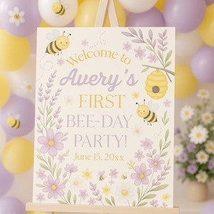 Editable Bee-Day First Birthday Welcome Sign Girl | Lavender Bumble Bee Party Decor | Canva Template | 18x24” Printable Digital Download
