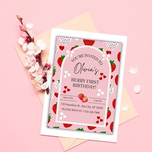 Berry First Birthday Invitation Girl | Editable Strawberry Theme Invite | Olivia First Birthday Canva Template | 5x7 Printable