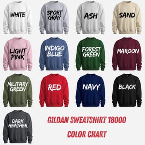 The image is a color chart displaying various colored sweatshirts, each with a different color and text.