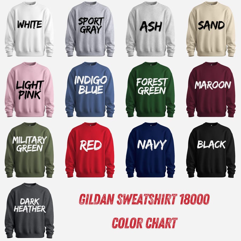 The image is a color chart displaying various colored sweatshirts, each with a different color and text.