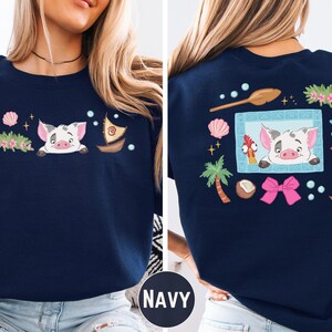 The image is a collage of two photos featuring a woman wearing a navy blue t-shirt with a cartoon pig design and various colorful elements such as flowers, stars, and a spoon.