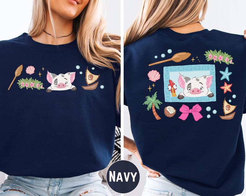 The image is a collage of two photos featuring a woman wearing a navy blue t-shirt with a cartoon pig design and various colorful elements such as flowers, stars, and a spoon.