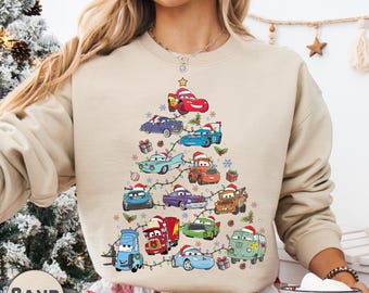 Cars Christmas Tree Sweatshirt, Cute Kids Pixar Holiday Lights Pullover, Cozy Disney Cars Hoodie Xmas Gift Idea, Fun Christmas Gift Idea
