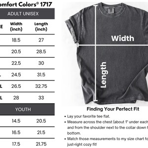 The image is a size chart for a gray t-shirt, specifically for an adult unisex. The chart provides measurements for different age groups, including youth, and includes a section for finding the perfect fit.