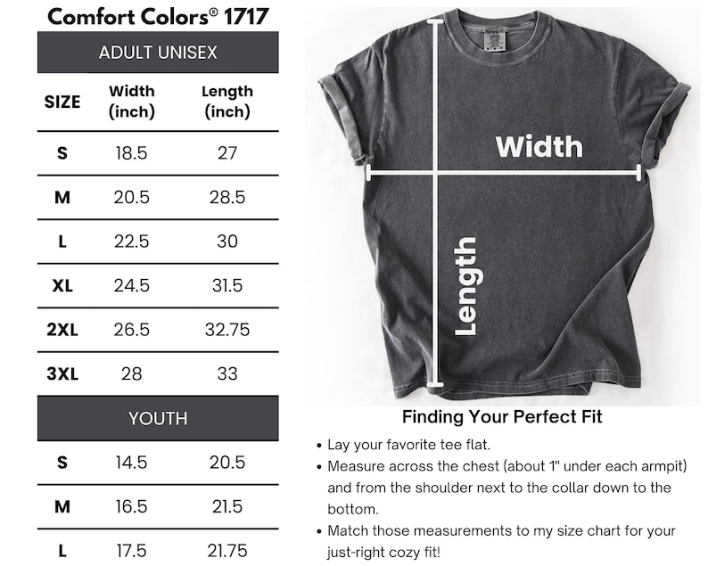 The image is a size chart for a gray t-shirt, specifically for an adult unisex. The chart provides measurements for different age groups, including youth, and includes a section for finding the perfect fit.