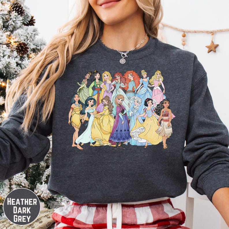 All Disney Princess Sweatshirt, Retro Princess Characters Hoodie Pullover, Disneyland Vacation Outfit image 13