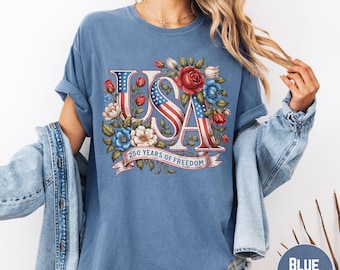 USA 250 Floral Comfort Colors Shirt, Girly Patriotic Independence Day Tee
