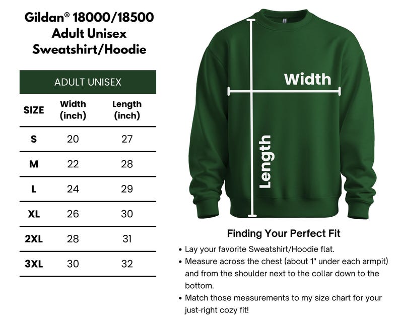 a green sweatshirt with the width of the sweatshirt