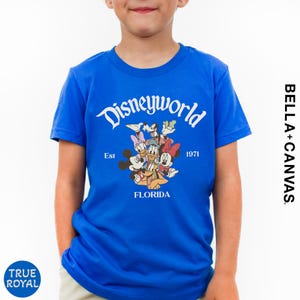 A young boy wearing a blue t-shirt with a Disneyworld logo and text.