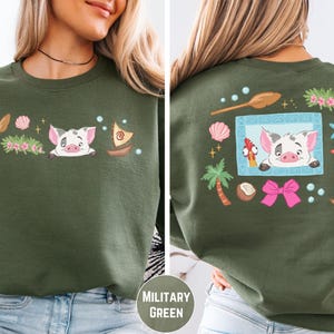 The image is a collage of two photos of a woman wearing a green sweater with a cartoon pig design. The woman is smiling and looking at the camera.