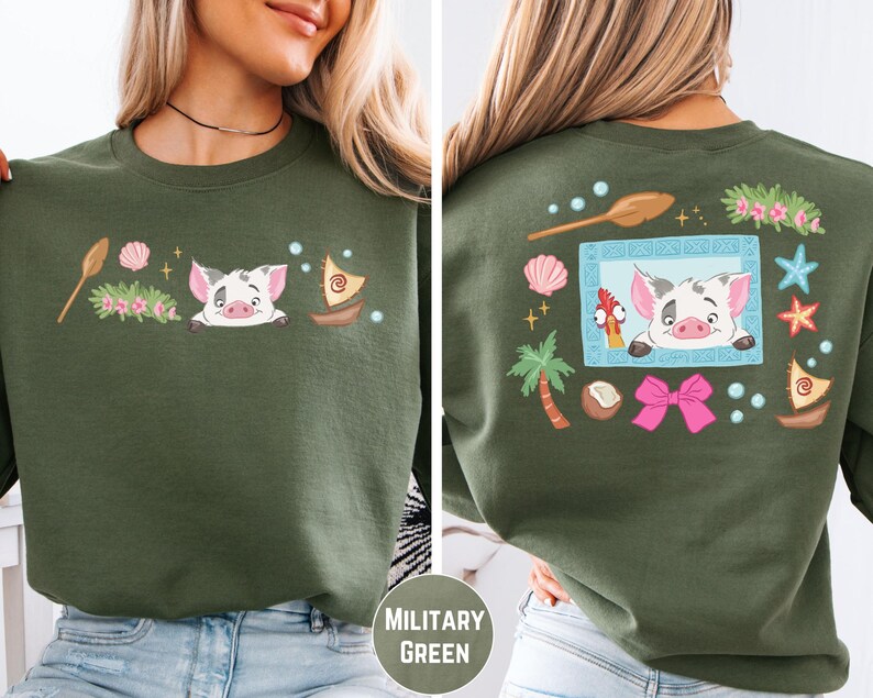 The image is a collage of two photos of a woman wearing a green sweater with a cartoon pig design. The woman is smiling and looking at the camera.