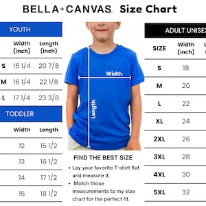 The image is a size chart for a blue t-shirt, showing the different sizes available for a youth and an adult. The chart provides measurements for each size, including the width of the shirt, which is 15/4 inches for the youth and 20/8 inches for the adult. The chart also includes instructions for finding the best size based on the user's preferred t-shirt flat and measuring it to match the chart.