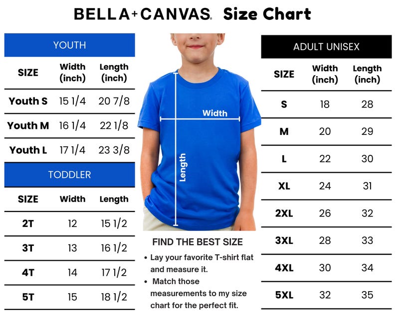 The image is a size chart for a blue t-shirt, showing the different sizes available for a youth and an adult. The chart provides measurements for each size, including the width of the shirt, which is 15/4 inches for the youth and 20/8 inches for the adult. The chart also includes instructions for finding the best size based on the user's preferred t-shirt flat and measuring it to match the chart.