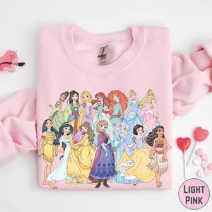 All Disney Princess Sweatshirt, Retro Princess Characters Hoodie Pullover, Disneyland Vacation Outfit image 1