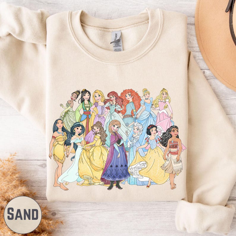 All Disney Princess Sweatshirt, Retro Princess Characters Hoodie Pullover, Disneyland Vacation Outfit image 2