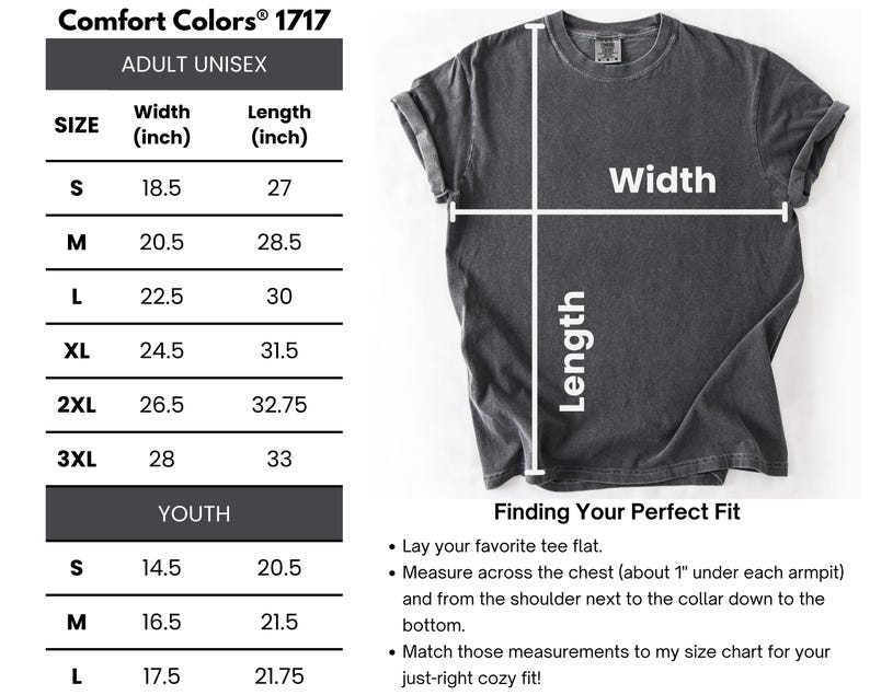 The image is a size chart for a gray t-shirt, specifically for an adult unisex. The chart provides measurements for different age groups, including youth, and includes a section for finding the perfect fit.