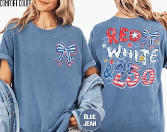 Camiseta Comfort Colors del 250 aniversario de EE. UU., camiseta Coquette Bow Preppy con bandera roja y blanca