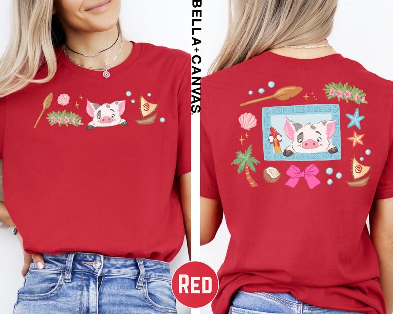A red t-shirt with a cartoon pig and various colorful illustrations on the back.