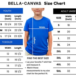 The image is a size chart for a blue t-shirt, showing the different sizes available for a youth and an adult. The chart provides measurements for each size, including the width of the shirt, which is 15/4 inches for the youth and 20/8 inches for the adult. The chart also includes instructions for finding the best size based on the user's preferred t-shirt flat and measuring it to match the chart.